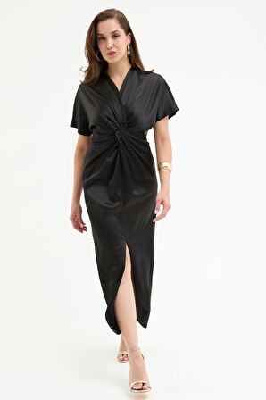 Kadın Siyah Düğüm Detaylı Midi Saten Elbise