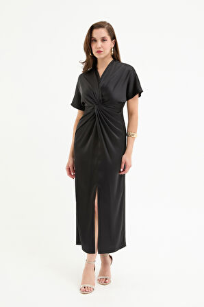 Kadın Siyah Düğüm Detaylı Midi Saten Elbise