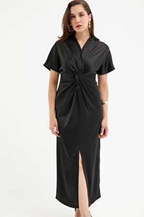 Kadın Siyah Düğüm Detaylı Midi Saten Elbise