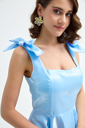 Kadın Bebe Mavi Fiyonk Detay Midi Abiye Elbise