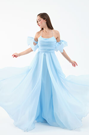 Kadın Bebe Mavi Göğüs Drapeli Organze Abiye Elbise