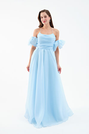 Kadın Bebe Mavi Göğüs Drapeli Organze Abiye Elbise