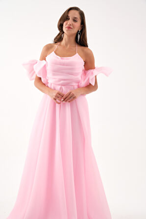 Kadın Pudra Göğüs Drapeli Organze Abiye Elbise