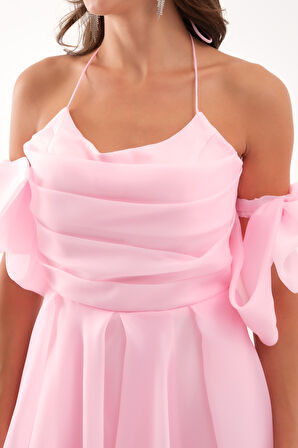 Kadın Pudra Göğüs Drapeli Organze Abiye Elbise