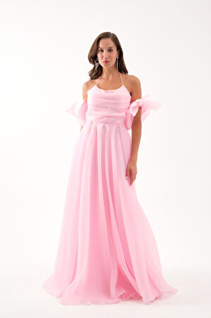 Kadın Pudra Göğüs Drapeli Organze Abiye Elbise