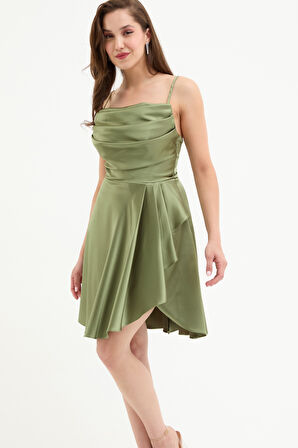 Kadın Haki Volanlı Yırtmaçlı Kısa Saten Abiye & Mezuniyet Elbisesi