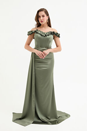 Kadın Haki Yaka Çiçekli Uzun Saten Abiye Elbise