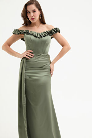 Kadın Haki Yaka Çiçekli Uzun Saten Abiye Elbise