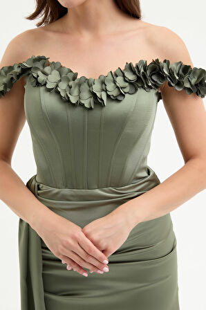 Kadın Haki Yaka Çiçekli Uzun Saten Abiye Elbise