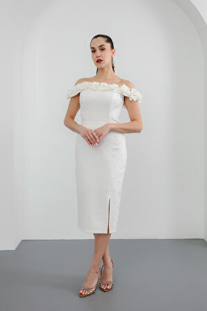 Kadın Beyaz Yakası Çiçekli İncili Söz Nişan Nikah Abiye Elbise