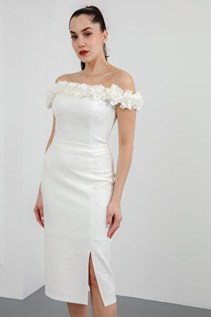 Kadın Beyaz Yakası Çiçekli İncili Söz Nişan Nikah Abiye Elbise