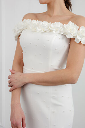 Kadın Beyaz Yakası Çiçekli İncili Söz Nişan Nikah Abiye Elbise