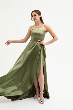 Kadın Haki Straplez Balen Korse Detay Uzun Abiye Elbise