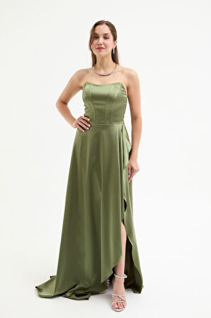 Kadın Haki Straplez Balen Korse Detay Uzun Abiye Elbise