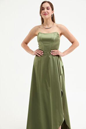 Kadın Haki Straplez Balen Korse Detay Uzun Abiye Elbise