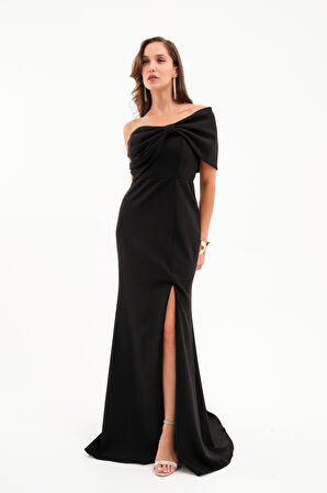 Kadın Siyah Fiyonk Detay Uzun Abiye Elbise