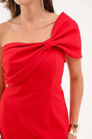 Kadın Kırmızı Fiyonk Detay Uzun Abiye Elbise