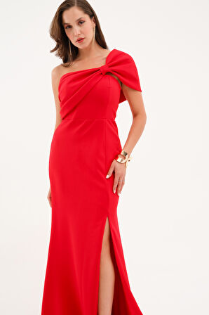 Kadın Kırmızı Fiyonk Detay Uzun Abiye Elbise