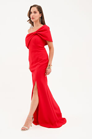 Kadın Kırmızı Fiyonk Detay Uzun Abiye Elbise