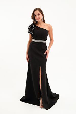 Kadın Siyah Tek Omuz Fırfırlı Uzun Söz Nişan Nikah Abiye Elbise