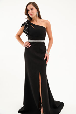 Kadın Siyah Tek Omuz Fırfırlı Uzun Söz Nişan Nikah Abiye Elbise