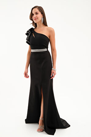 Kadın Siyah Tek Omuz Fırfırlı Uzun Söz Nişan Nikah Abiye Elbise