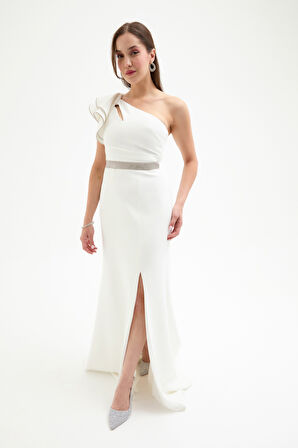 Kadın Beyaz Tek Omuz Fırfırlı Uzun Söz Nişan Nikah Abiye Elbise