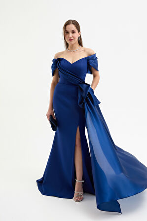 Kadın Lacivert Kayık Yaka Kuyruklu Uzun Abiye Elbise