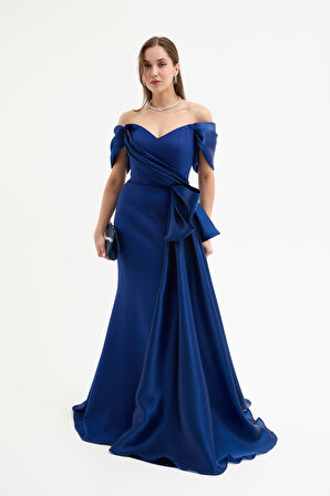 Kadın Lacivert Kayık Yaka Kuyruklu Uzun Abiye Elbise
