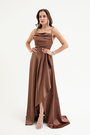Kadın Kahverengi Volanlı Yırtmaçlı Saten Abiye & Mezuniyet Elbisesi