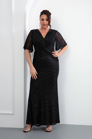 Kadın Siyah V Yaka Kısa Kol Boncuk İşlemeli Büyük Beden Abiye Elbise