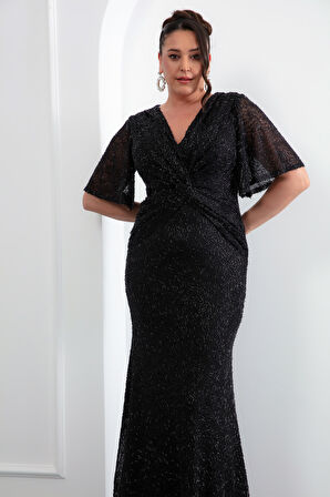 Kadın Siyah V Yaka Kısa Kol Boncuk İşlemeli Büyük Beden Abiye Elbise