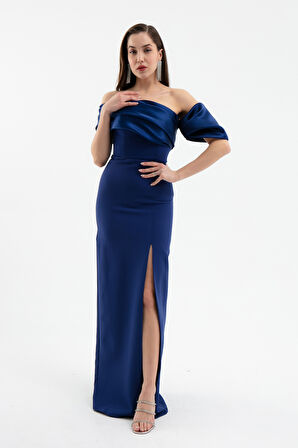 Kadın Lacivert Yaka Detaylı Yırtmaçlı Uzun Abiye Elbise