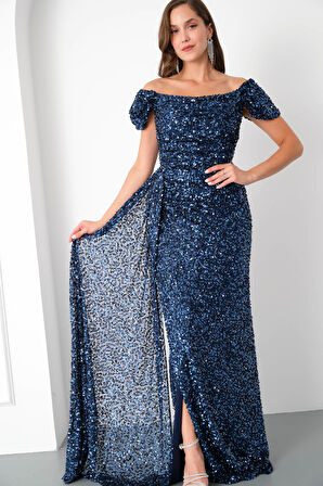 Kadın Lacivert Pul Payet İşlemeli Uzun Abiye Elbise