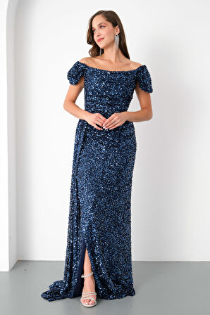 Kadın Lacivert Pul Payet İşlemeli Uzun Abiye Elbise