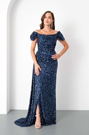 Kadın Lacivert Pul Payet İşlemeli Uzun Abiye Elbise