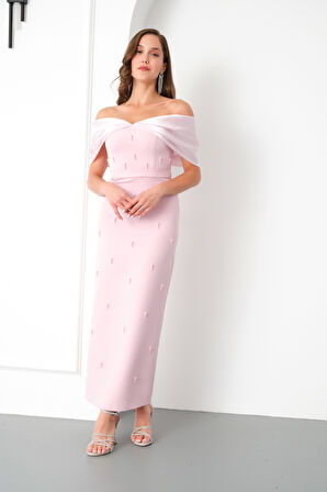 Kadın Pudra Kayık Yaka İncili Söz Nişan Nikah Abiye Elbise