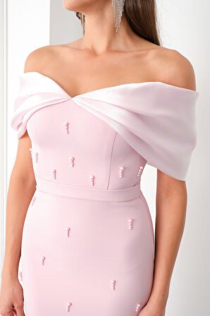 Kadın Pudra Kayık Yaka İncili Söz Nişan Nikah Abiye Elbise