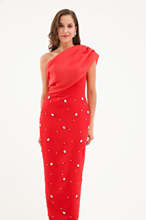 Kadın Kırmızı Tek Omuz Taşlı Söz Nişan Nikah Abiye Elbise