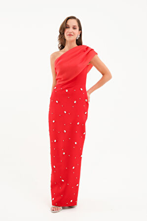 Kadın Kırmızı Tek Omuz Taşlı Söz Nişan Nikah Abiye Elbise