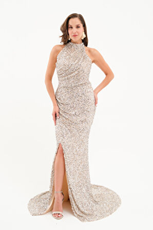 Kadın Gümüş Pul İşlemeli Balık Abiye Elbise