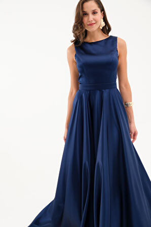 Kadın Lacivert Kalın Askılı Saten Uzun Abiye Elbise