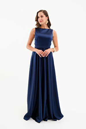 Kadın Lacivert Kalın Askılı Saten Uzun Abiye Elbise