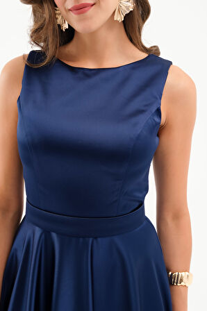 Kadın Lacivert Kalın Askılı Saten Uzun Abiye Elbise