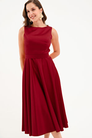 Kadın Bordo Kalın Askılı Kemerli Midi Abiye Elbise