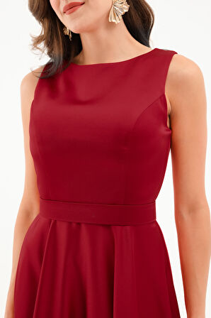 Kadın Bordo Kalın Askılı Kemerli Midi Abiye Elbise