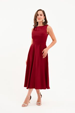 Kadın Bordo Kalın Askılı Kemerli Midi Abiye Elbise