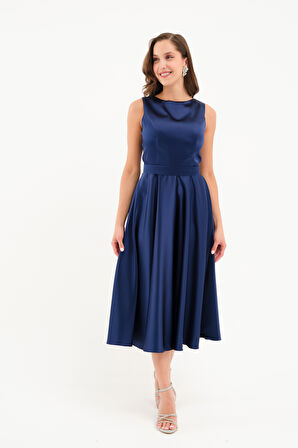 Kadın Lacivert Kalın Askılı Kemerli Midi Abiye Elbise