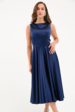 Kadın Lacivert Kalın Askılı Kemerli Midi Abiye Elbise