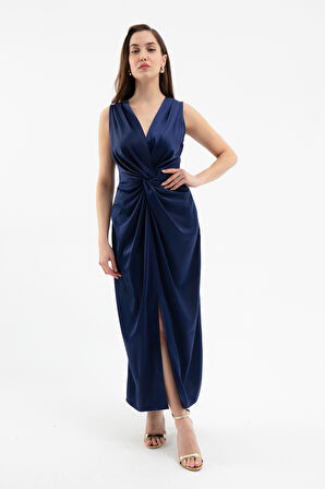 Kadın Lacivert Düğüm Detaylı Midi Saten Elbise